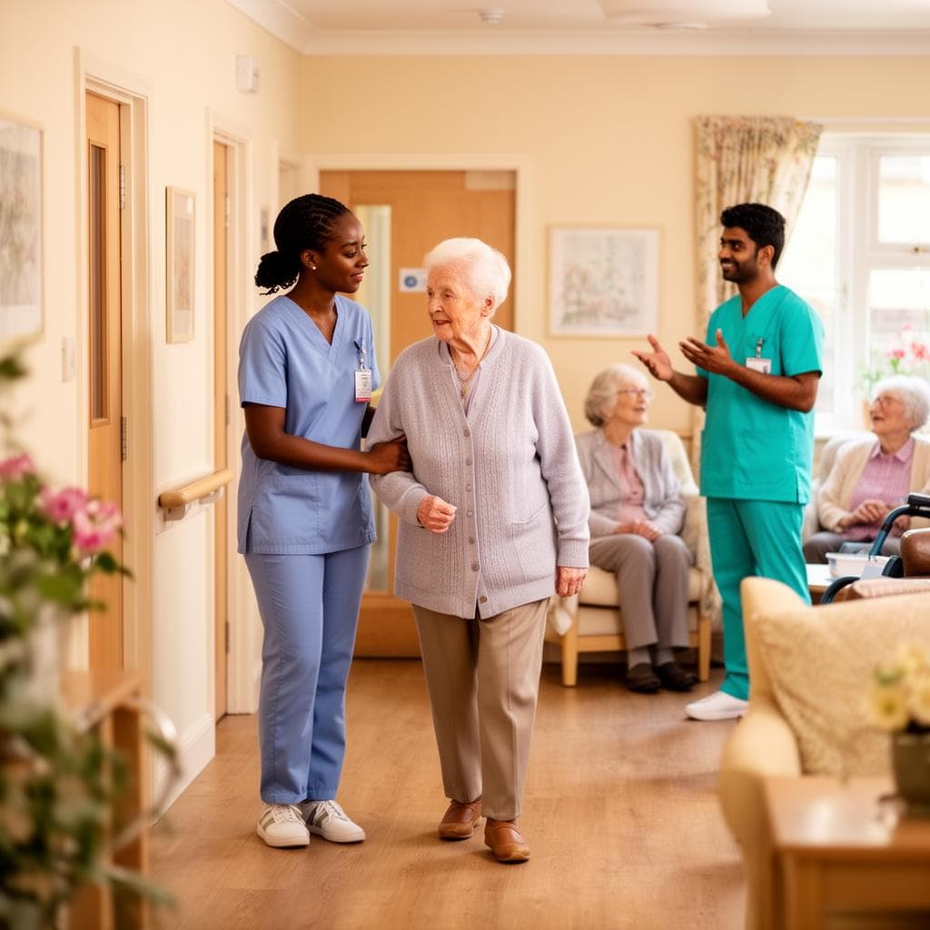 Care workers supporting an elderly resident in a UK care home