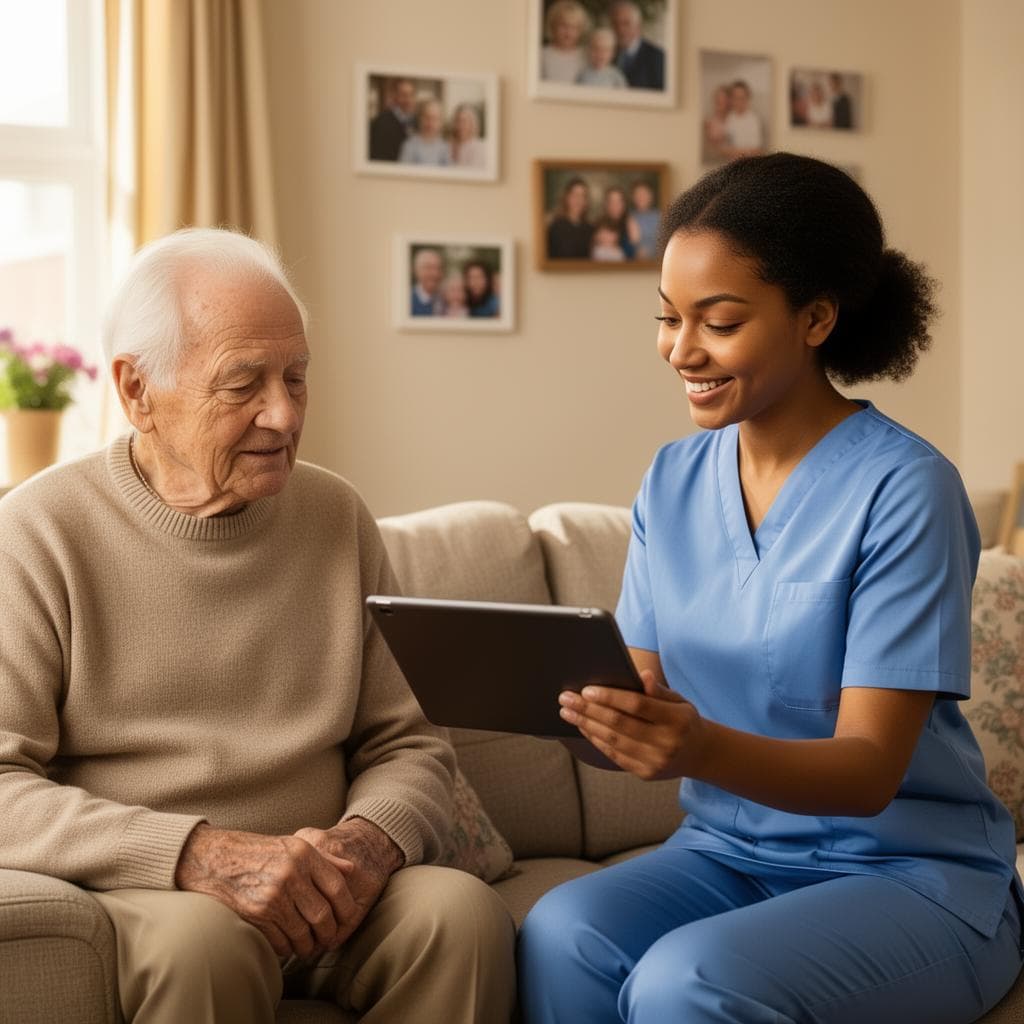 A care worker showing a resident information on a tablet