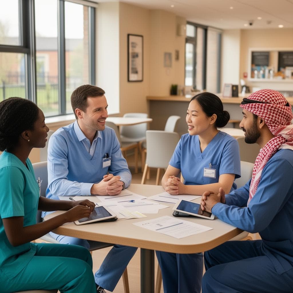 A care team collaborating around a table in a UK care setting